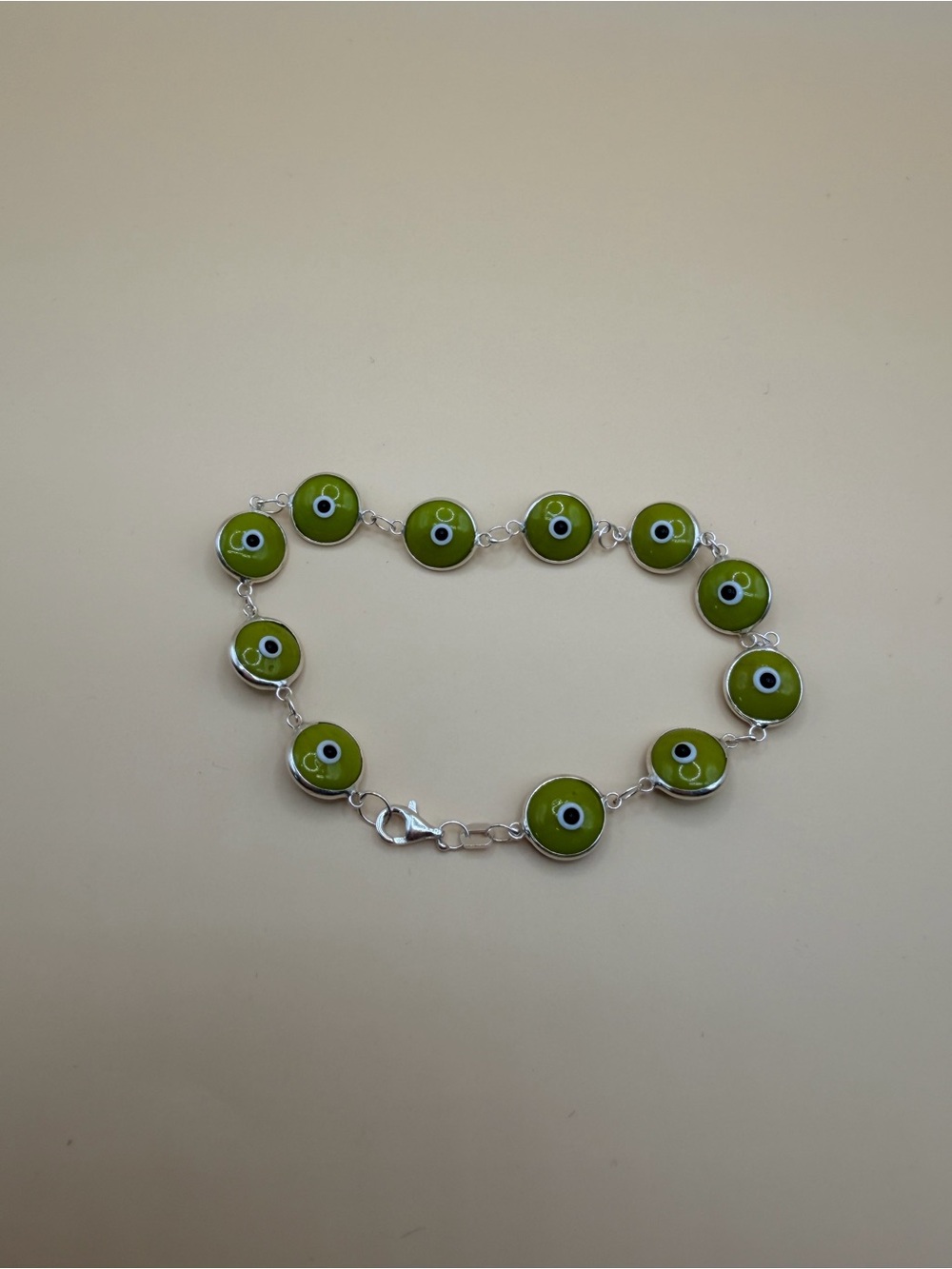 Green Evil Eye Link Bracelet 925 Sterling Silver.